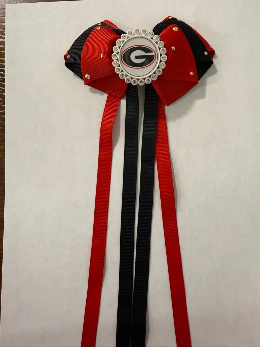 Red and Black Team Ribbon Hair Bow with Rhinestone Medallion